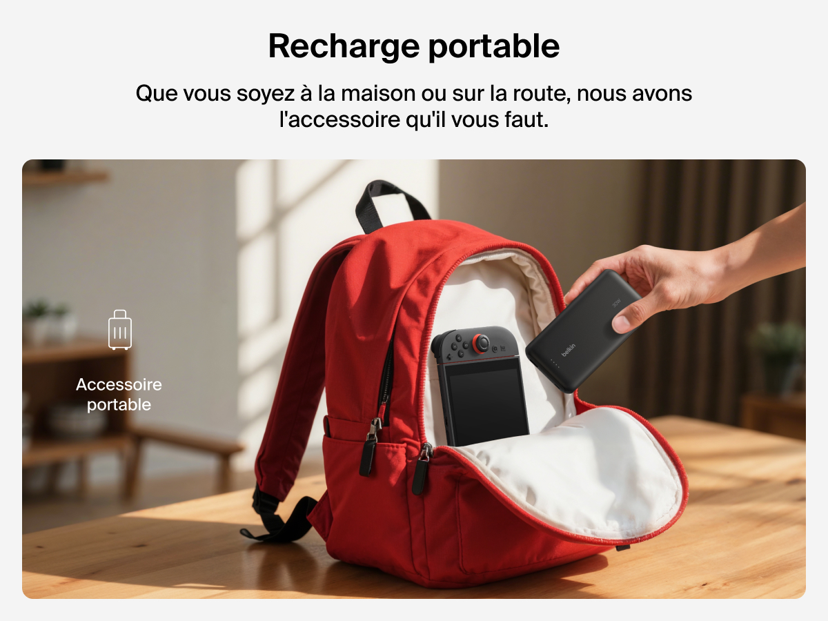 Image de la batterie externe 20K Belkin Gaming (30&nbsp;W) pour Nintendo&nbsp;Switch&nbsp;2 rang&eacute;e dans un sac &agrave; dos qui illustre le fait que ce produit soit facilement transportable, partout.