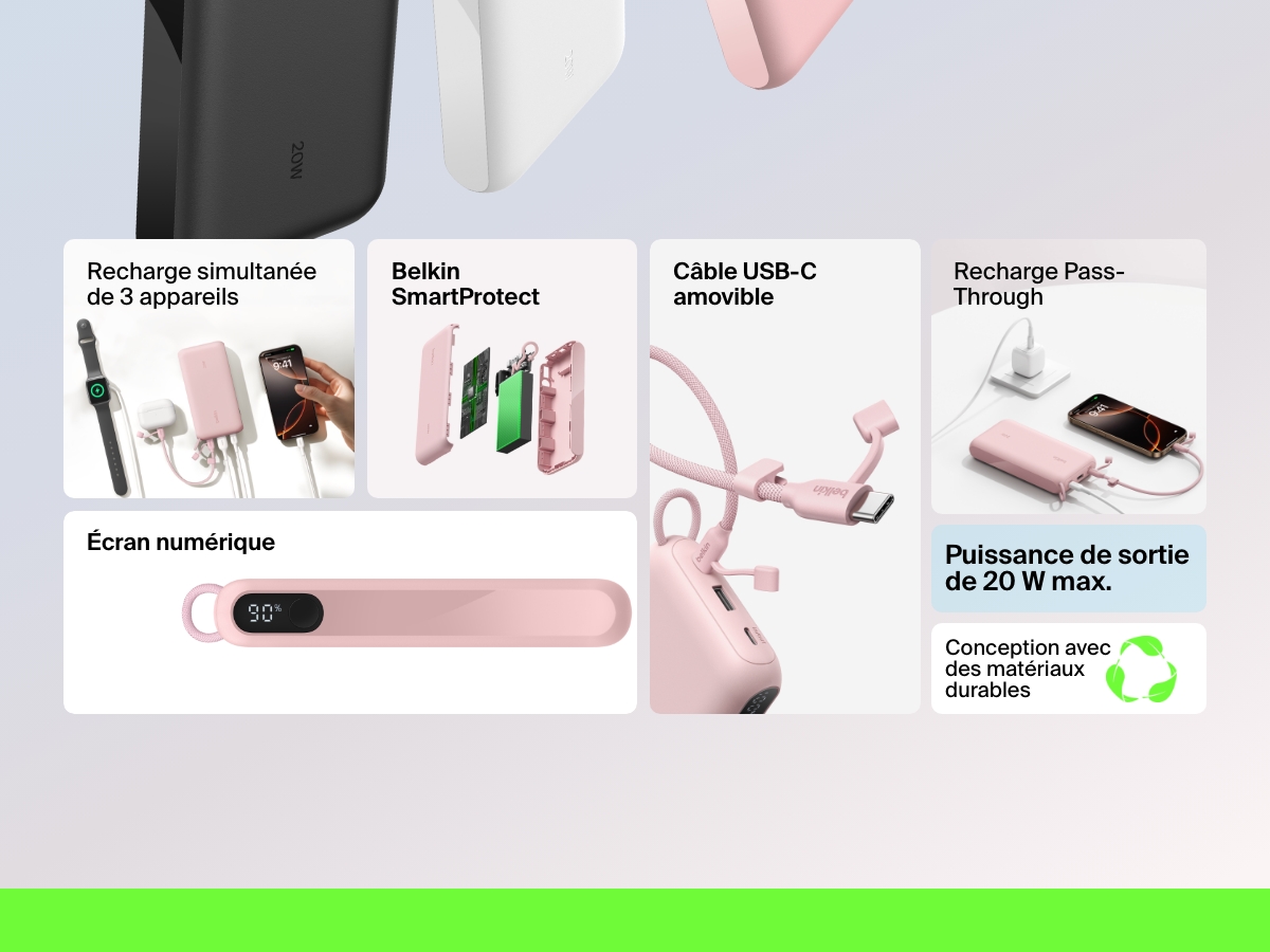 Vue d&rsquo;ensemble des caract&eacute;ristiques de la batterie externe 20K Belkin BoostCharge avec &eacute;cran int&eacute;gr&eacute; qui met en avant sa puissance de sortie de 20&nbsp;W max., sa capacit&eacute; &agrave; recharger jusqu&rsquo;&agrave; trois&nbsp;appareils en simultan&eacute;, sa technologie int&eacute;gr&eacute;e SmartProtect, sa fonction de recharge Pass-Through, son c&acirc;ble USB-C amovible et son rev&ecirc;tement compos&eacute; de mat&eacute;riaux durables.