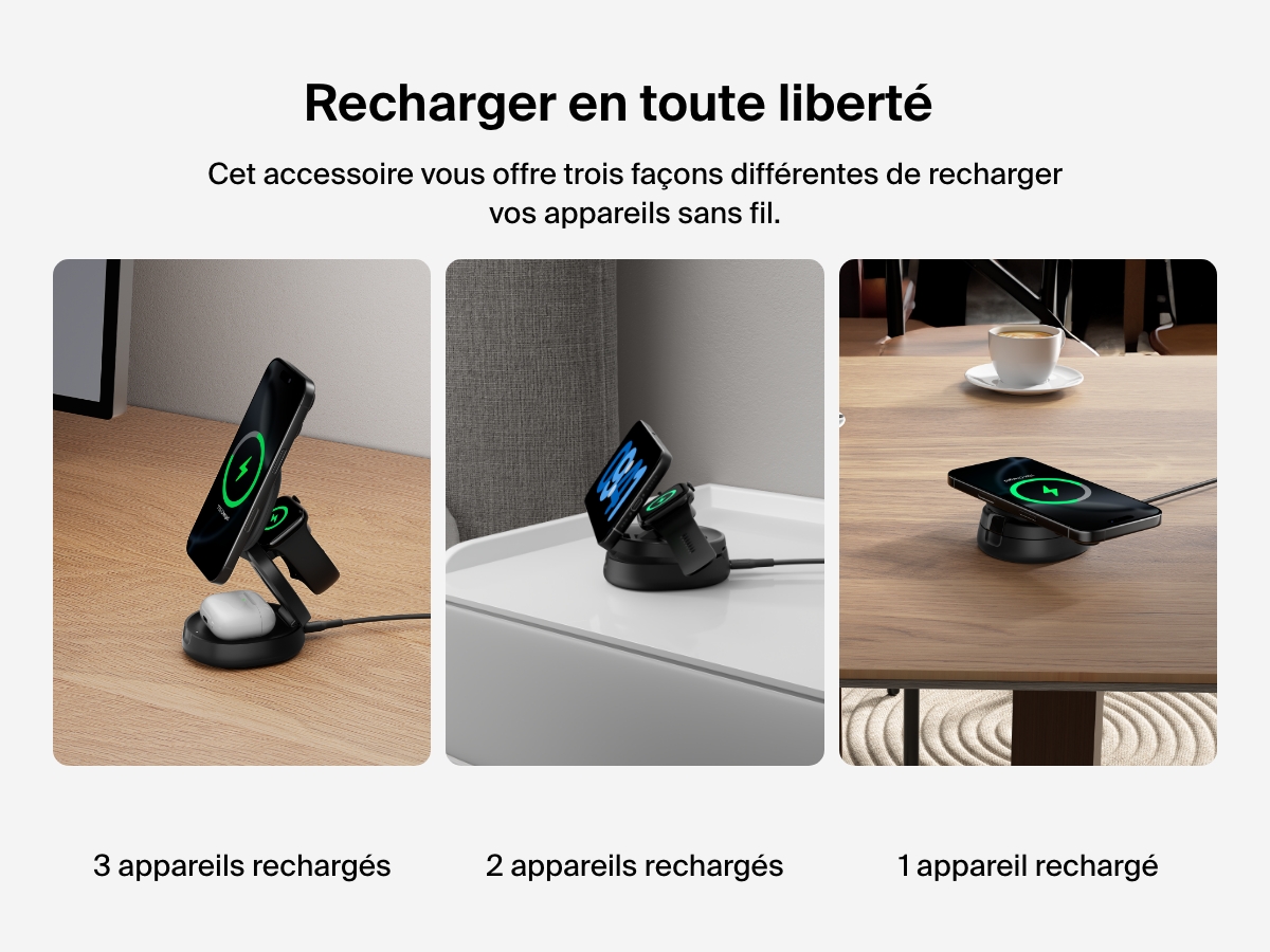 Image d'un socle de recharge 3-en-1 aimant&eacute; et compacte Belkin BoostCharge dans 3 cas d'utilisations diff&eacute;rents ( recharge de 3&nbsp;appareils, de 2&nbsp;appareils et de 1&nbsp;appareil) pour mettre en avant le c&ocirc;t&eacute; polyvalent du produit.