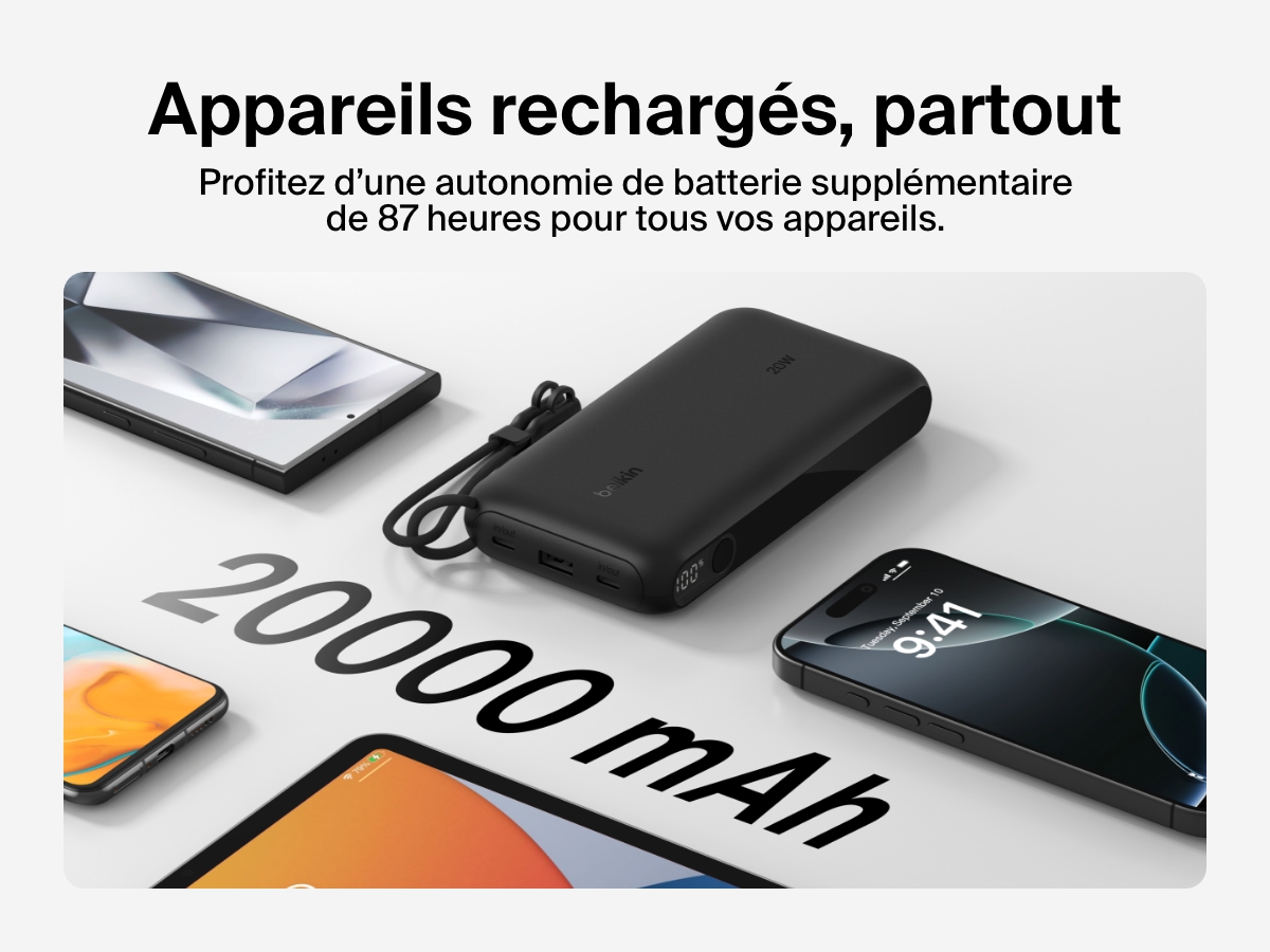 Une batterie externe 20K Belkin BoostCharge avec &eacute;cran int&eacute;gr&eacute; est pr&eacute;sent&eacute;e comme offrant jusqu&rsquo;&agrave; 87&nbsp;heures d'autonomie suppl&eacute;mentaire avec sa capacit&eacute; de 20&nbsp;000&nbsp;mAh, dot&eacute;e d'un design compact et accompagn&eacute;e d'un c&acirc;ble USB-C amovible pour une alimentation mobile.