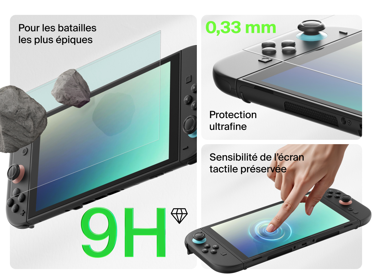 Un homme joue &agrave; un jeu sur une Nintendo Switch 2 assis dans un salon confortable avec des amis en arri&egrave;re-plan. Le texte &agrave; gauche indique &laquo;&nbsp;Smudge-Free Victory&nbsp;&raquo; (victoire sans taches) et souligne la fonction anti-traces de doigt de la protection d'&eacute;cran Belkin. Une image comparative ci-dessous montre la protection d'&eacute;cran Belkin qui reste propre tandis qu'un protecteur ordinaire semble tach&eacute; et sale, soulignant la clart&eacute; et la propret&eacute; de l&rsquo;accessoire Belkin qui permet de jouer sans interruption.