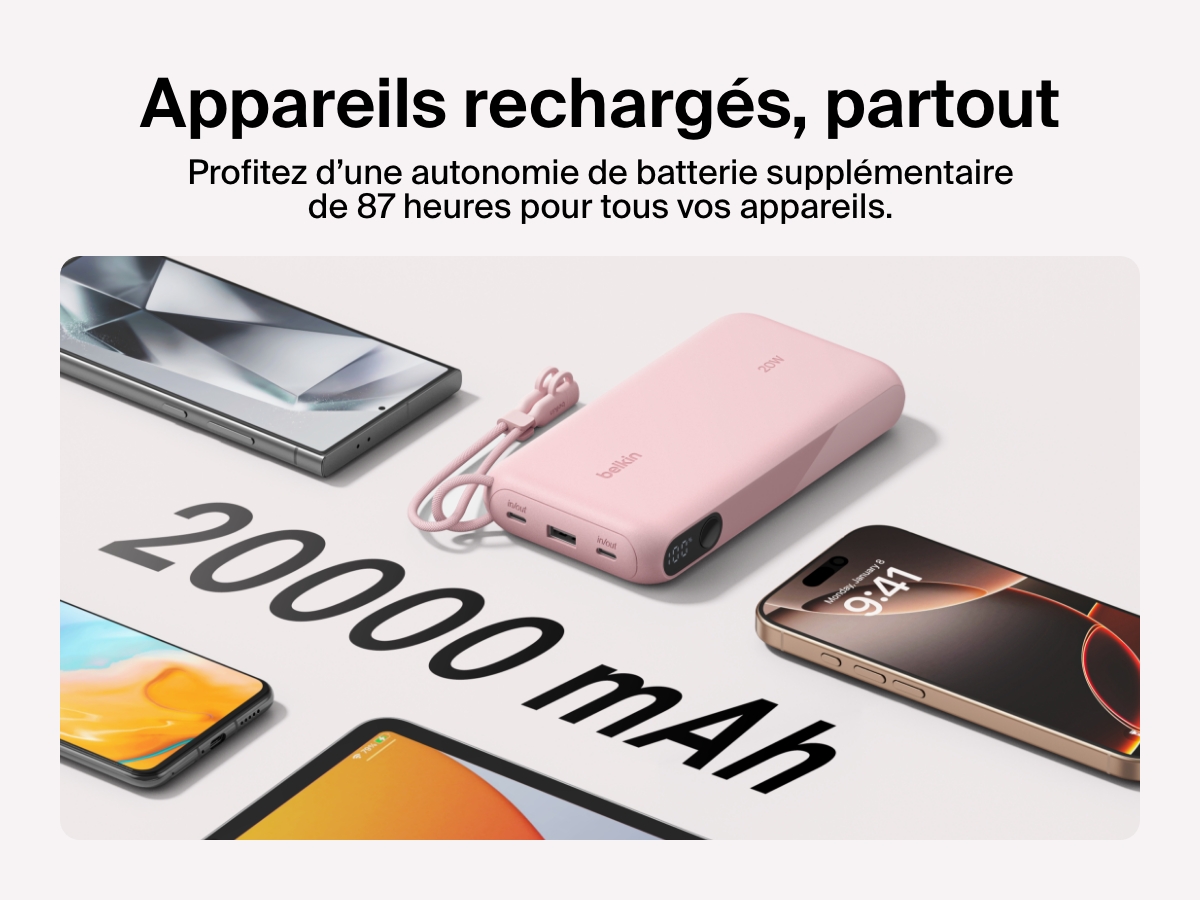 Une batterie externe 20K Belkin BoostCharge avec &eacute;cran int&eacute;gr&eacute; est pr&eacute;sent&eacute;e comme offrant jusqu&rsquo;&agrave; 87&nbsp;heures d'autonomie suppl&eacute;mentaire avec sa capacit&eacute; de 20&nbsp;000&nbsp;mAh, dot&eacute;e d'un design compact et accompagn&eacute;e d'un c&acirc;ble USB-C amovible pour une alimentation mobile.