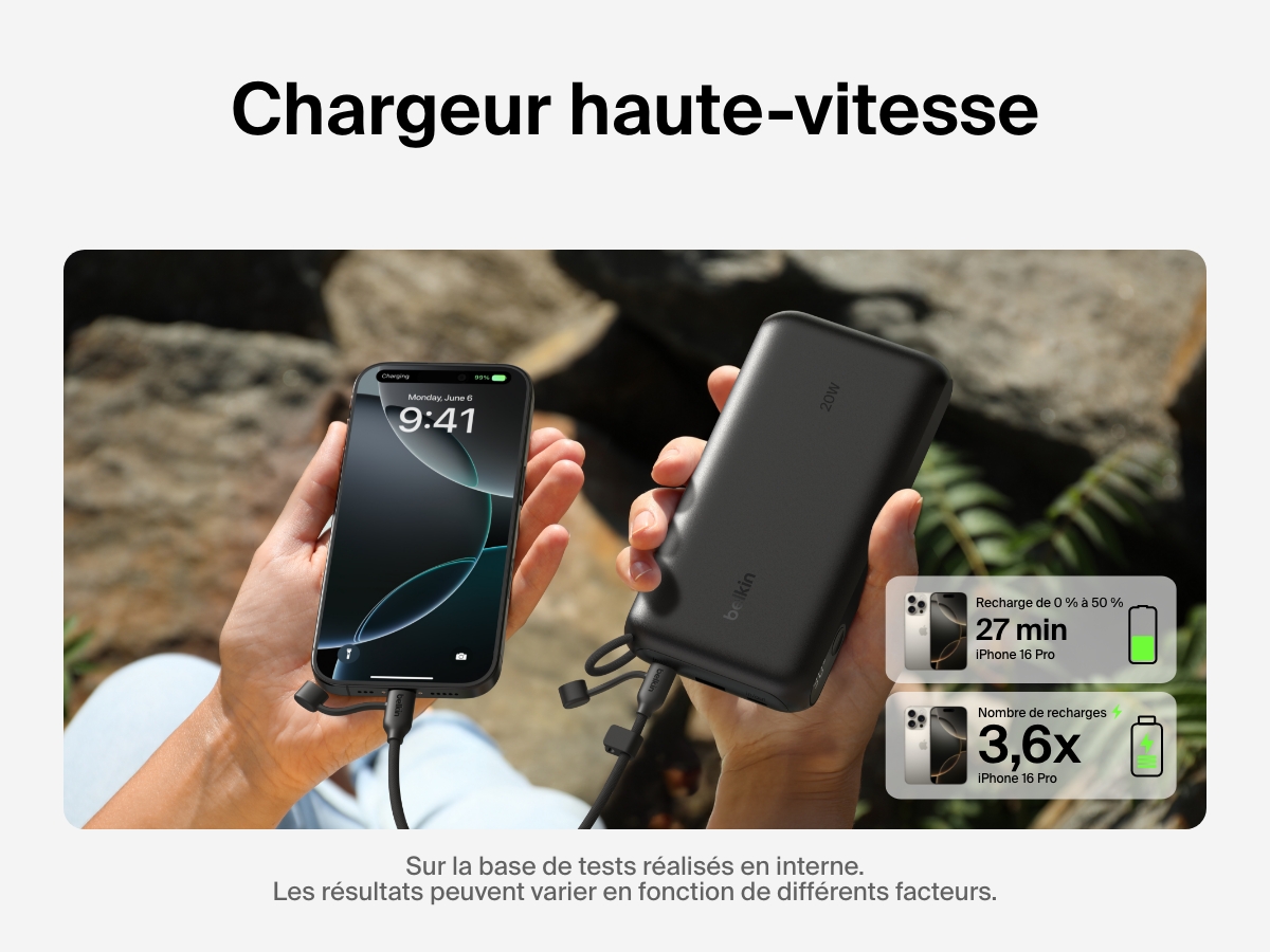 Image d'une batterie externe 20K Belkin BoostCharge avec &eacute;cran int&eacute;gr&eacute; rechargeant rapidement un iPhone&nbsp;16&nbsp;Pro de z&eacute;ro &agrave; 50&nbsp;% en 27&nbsp;minutes et offrant jusqu&rsquo;&agrave; 3,6&nbsp;recharges compl&egrave;tes, l&rsquo;id&eacute;al pour une alimentation portable &eacute;tendue.