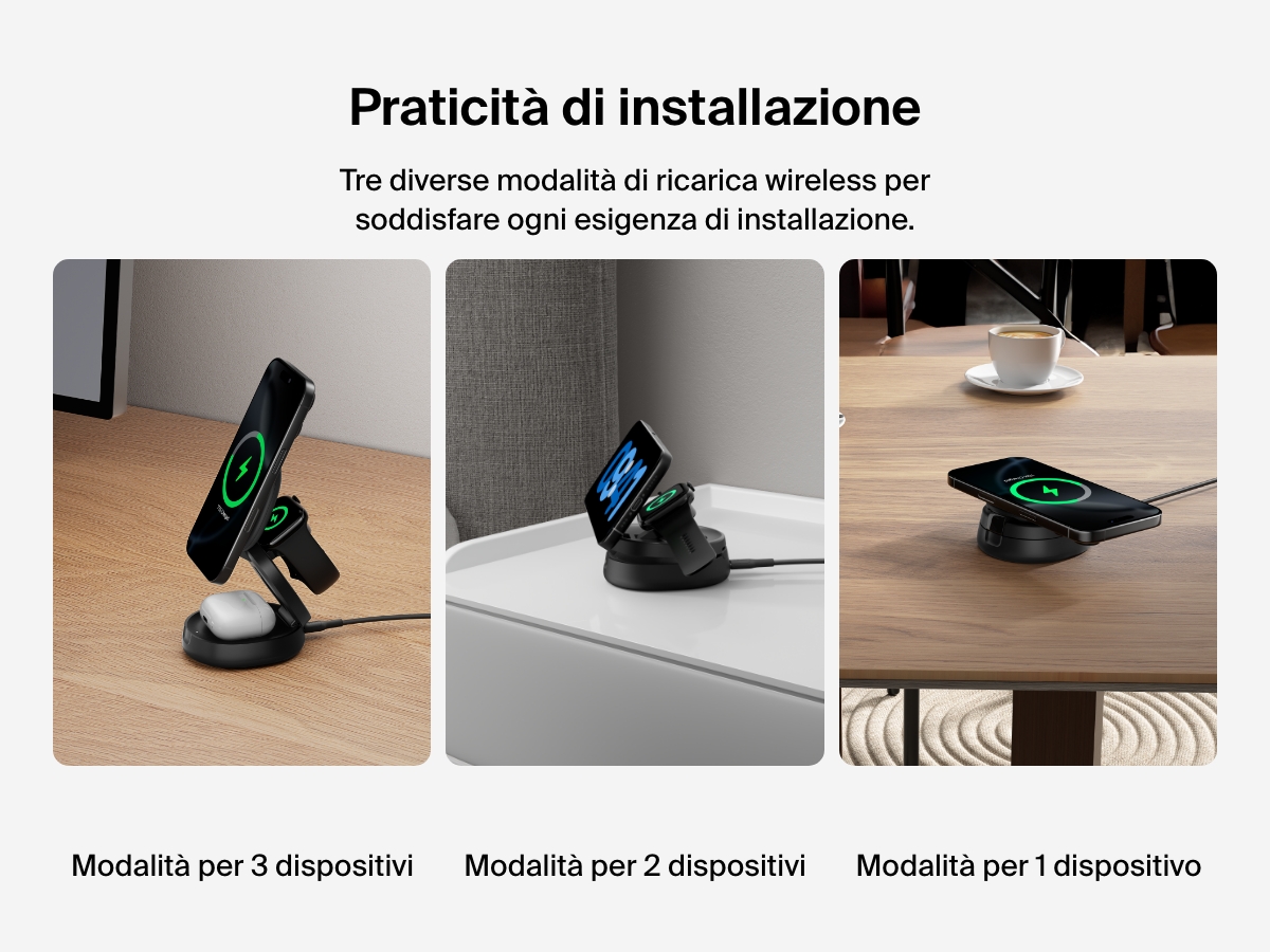 Il supporto di ricarica magnetica compatto 3 in 1 BoostCharge Belkin mostrato nelle modalit&agrave; di ricarica di 3 dispositivi, 2 dispositivi e 1 dispositivo, che evidenziano la flessibilit&agrave; della ricarica wireless.