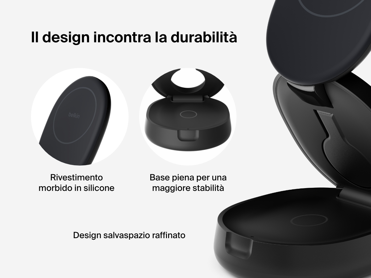 La foto mostra il supporto di ricarica magnetica compatto 3 in 1 BoostCharge Belkin, la sua superficie morbida in silicone, la base piena per una maggiore stabilit&agrave; e il raffinato design pieghevole e salvaspazio.