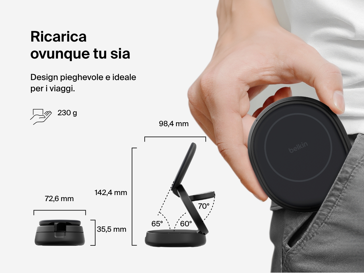 Il supporto di ricarica magnetica compatto 3 in 1 BoostCharge Belkin mostrato piegato per evidenziarne la sua portabilit&agrave;, le dimensioni ideali per i viaggi, il peso di soli 230 g, e l'angolo di visualizzazione regolabile.