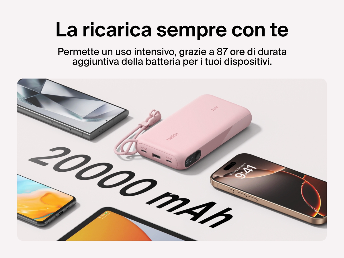 Immagine della power bank 20K con display BoostCharge Belkin che fornisce fino a 87 ore di durata aggiuntiva della batteria, con una capacit&agrave; di 20.000 mAh, il design compatto e un cavo USB-C rimovibile, per una ricarica portatile durante gli spostamenti.