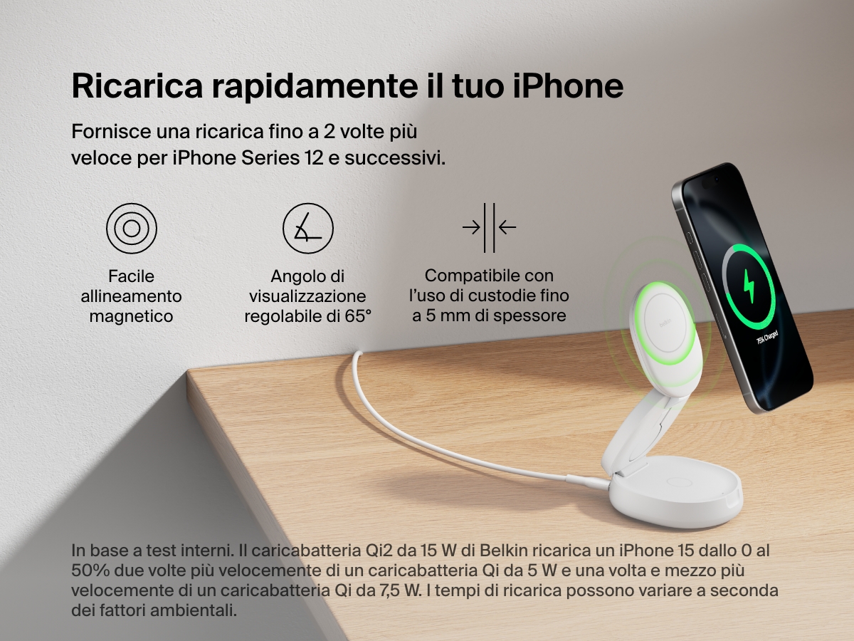 Illustrazione del supporto di ricarica magnetica compatto 3 in 1 BoostCharge Belkin che ricarica un iPhone tramite l'allineamento magnetico, mettendo in evidenza l'angolazione regolabile di 65&deg;, la compatibilit&agrave; con l'uso di custodie con spessore fino a 5 mm, e le capacit&agrave; di ricarica rapida Qi2.