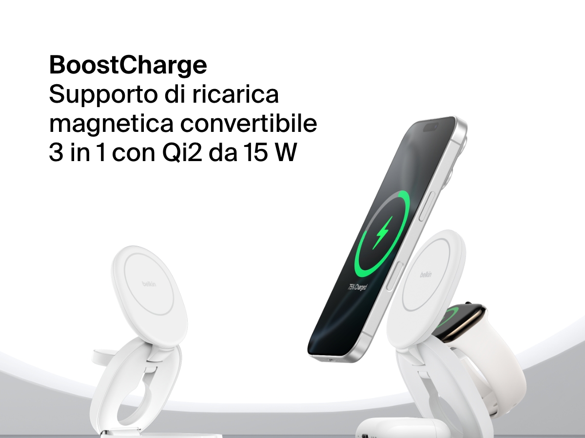 Illustrazione di un supporto di ricarica magnetica compatto 3 in 1 BoostCharge Belkin che ricarica un iPhone, un Apple Watch e gli AirPods tramite la tecnologia di ricarica wireless rapida Qi2.