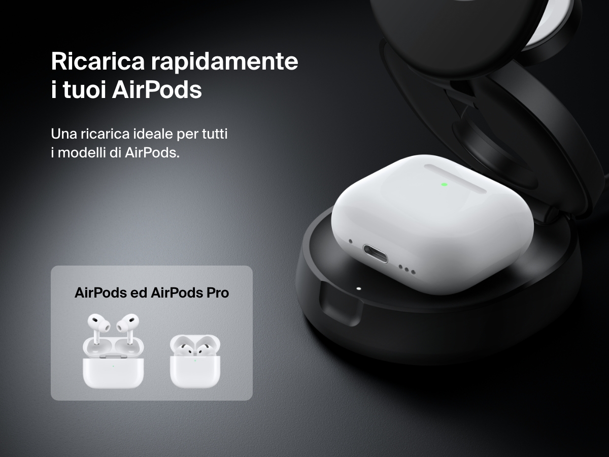 Illustrazione del supporto di ricarica magnetica compatto 3 in 1 BoostCharge Belkin mentre ricarica in modalit&agrave; wireless gli AirPods, mettendo in risalto la sua compatibilit&agrave; con tutti i modelli di AirPods ed AirPods Pro.
