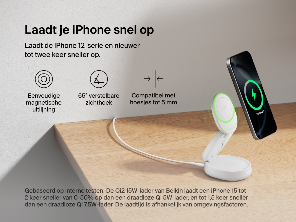 Een Belkin BoostCharge 3-in-1 compacte magnetische laadstandaard die een iPhone oplaadt met magnetische uitlijning wordt afgebeeld, ter illustratie van de instelbare zichthoek (65 graden), compatibiliteit met hoesjes tot 5 mm en Qi2-snellaadondersteuning.