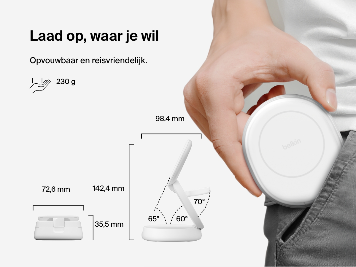 Afbeelding van een Belkin BoostCharge 3-in-1 compacte magnetische laadstandaard die is ingeklapt voor gemakkelijk vervoer waarmee de reisvriendelijke vormgeving wordt benadrukt, het geringe gewicht van 230 gram en de verstelbare zichthoek.