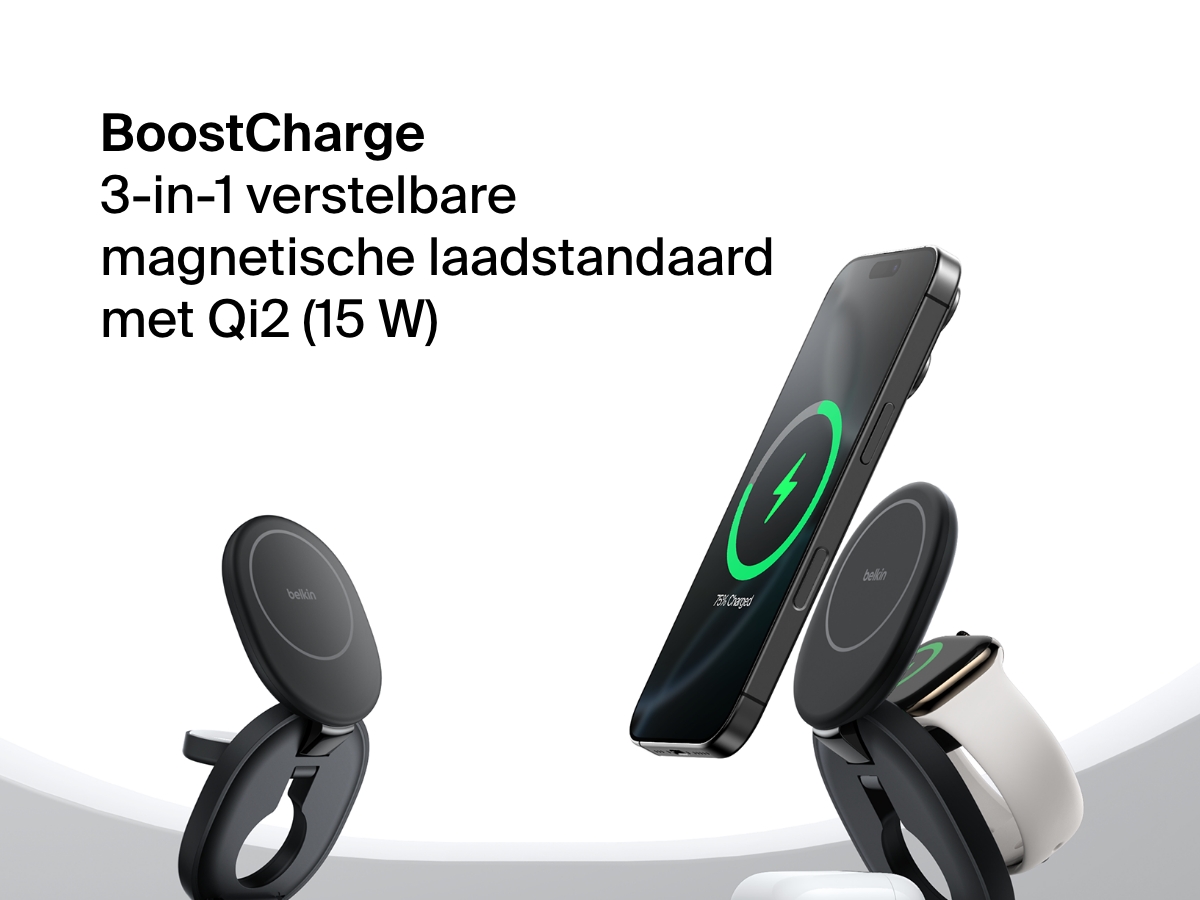 Afbeelding van een Belkin BoostCharge 3-in-1 compacte magnetische laadstandaard die een iPhone, Apple Watch en AirPods snel draadloos oplaadt met Qi2 (tot 15W).