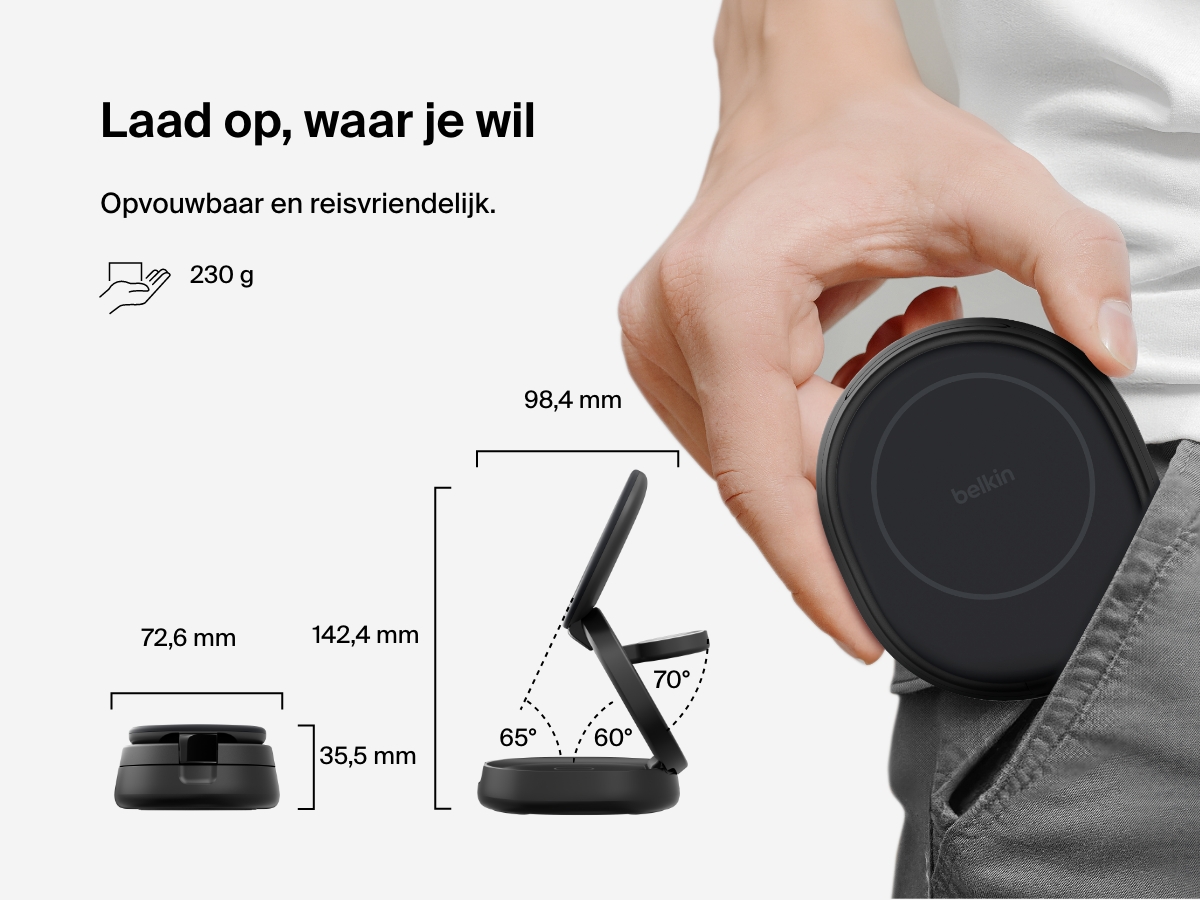 Afbeelding van een Belkin BoostCharge 3-in-1 compacte magnetische laadstandaard die is ingeklapt voor gemakkelijk vervoer waarmee de reisvriendelijke vormgeving wordt benadrukt, het geringe gewicht van 230 gram en de verstelbare zichthoek.