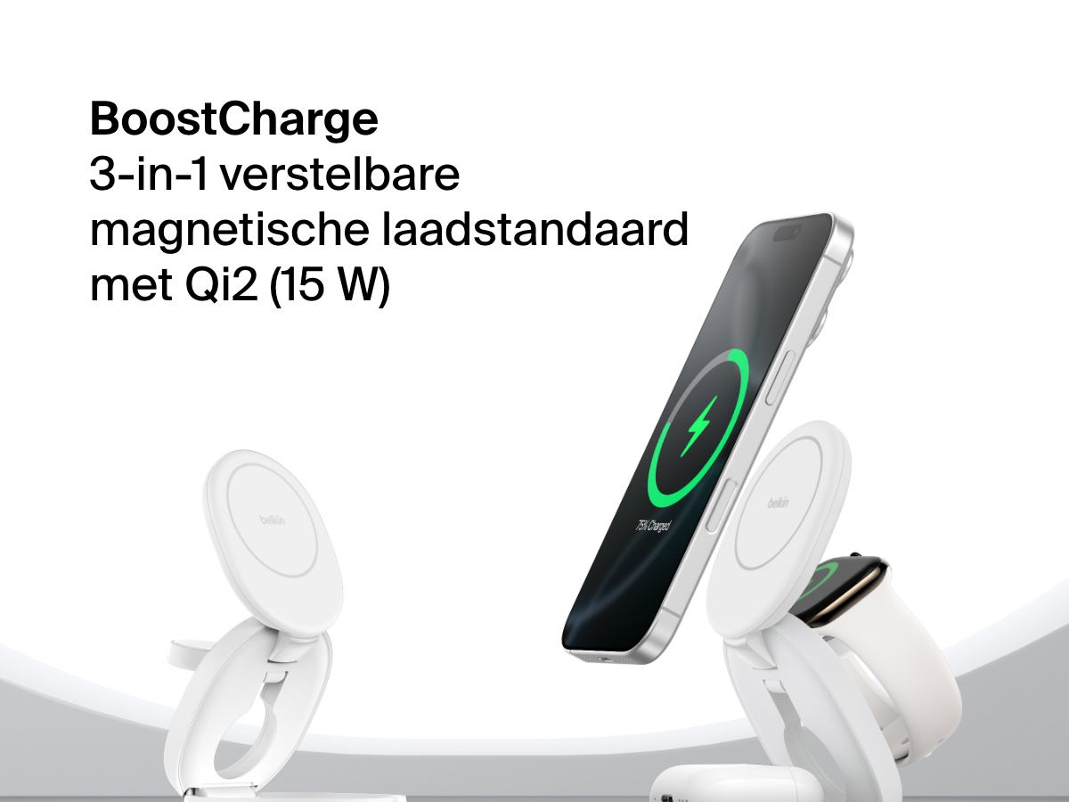 Afbeelding van een Belkin BoostCharge 3-in-1 compacte magnetische laadstandaard die een iPhone, Apple Watch en AirPods snel draadloos oplaadt met Qi2 (tot 15W).