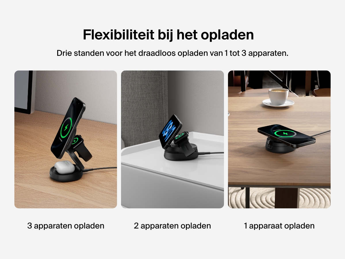 Een Belkin BoostCharge 3-in-1 compacte magnetische laadstandaard wordt op drie manieren afgebeeld om de drie standen te illustreren voor flexibiliteit bij het draadloos opladen van 1, 2 of 3 apparaten.