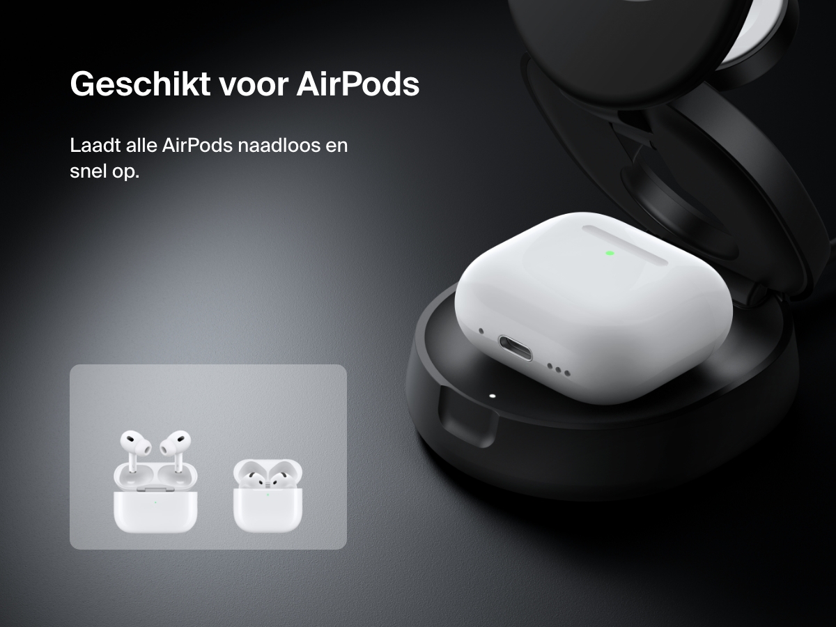 Afbeelding van een Belkin BoostCharge 3-in-1 compacte magnetische laadstandaard die AirPods draadloos oplaadt en die alle AirPods- en AirPods Pro-modellen naadloos van stroom voorziet.