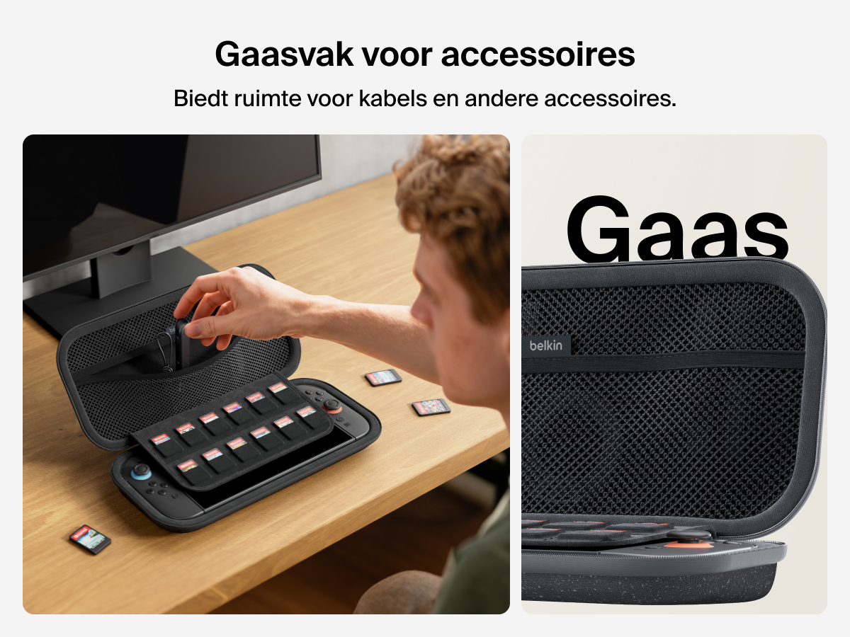 Een gebruiker opent de Belkin Gaming opberghoes voor de Nintendo Switch 2 om iets uit het gaasvak voor accessoires te halen. Dit is ideaal voor kabels, en kleine accessoires en is zichtbaar naast de 12 insteekvakjes voor gamecards.