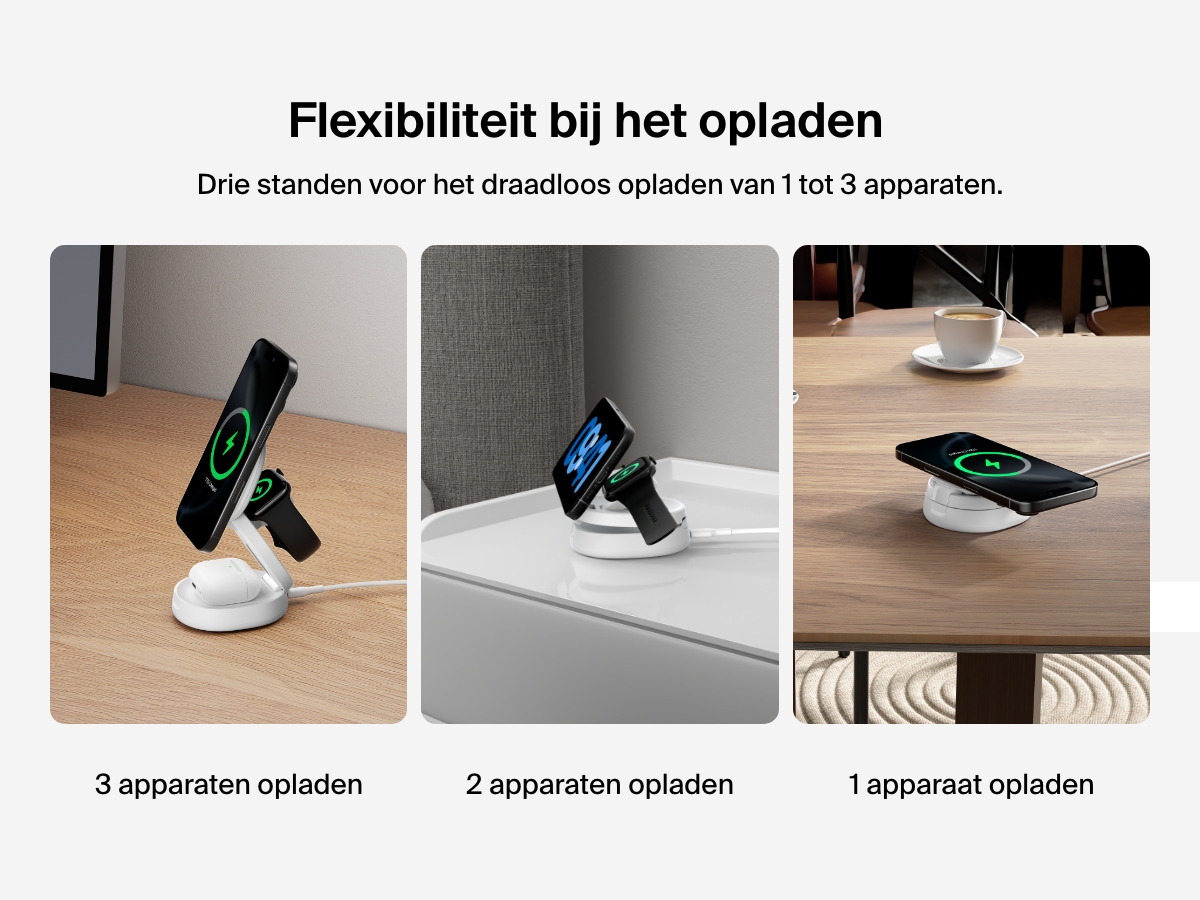 Een Belkin BoostCharge 3-in-1 compacte magnetische laadstandaard wordt op drie manieren afgebeeld om de drie standen te illustreren voor flexibiliteit bij het draadloos opladen van 1, 2 of 3 apparaten.