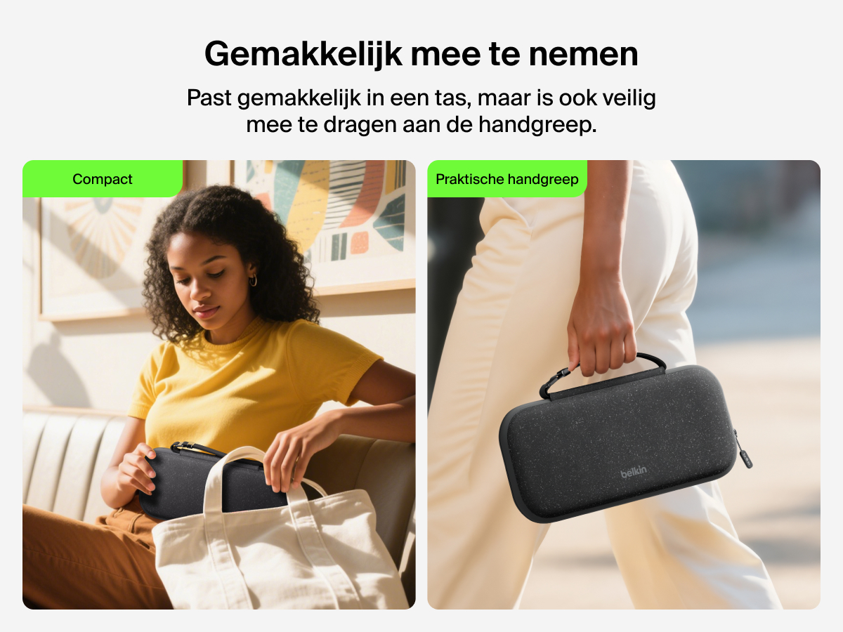 Afbeelding van de Belkin Gaming opberghoes voor de Nintendo Switch 2 waarop je kunt zien dat de hoes gemakkelijk in een tas past of met de hand gedragen kan worden aan de praktische handgreep. Ideaal voor op reis.