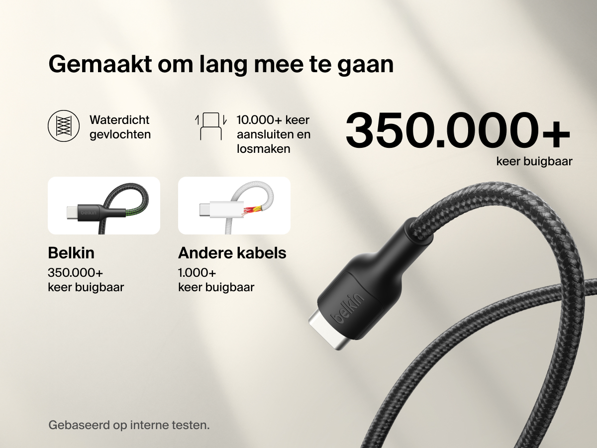 De Belkin Gaming 60&nbsp;W USB-C/USB-C-kabel heeft een waterbestendig gevlochten ontwerp en is bestand tegen meer dan 350.000 keer buigen en meer dan 10.000 keer aansluiten en losmaken, dus ideaal voor langdurig gebruik met de Nintendo Switch&nbsp;2.