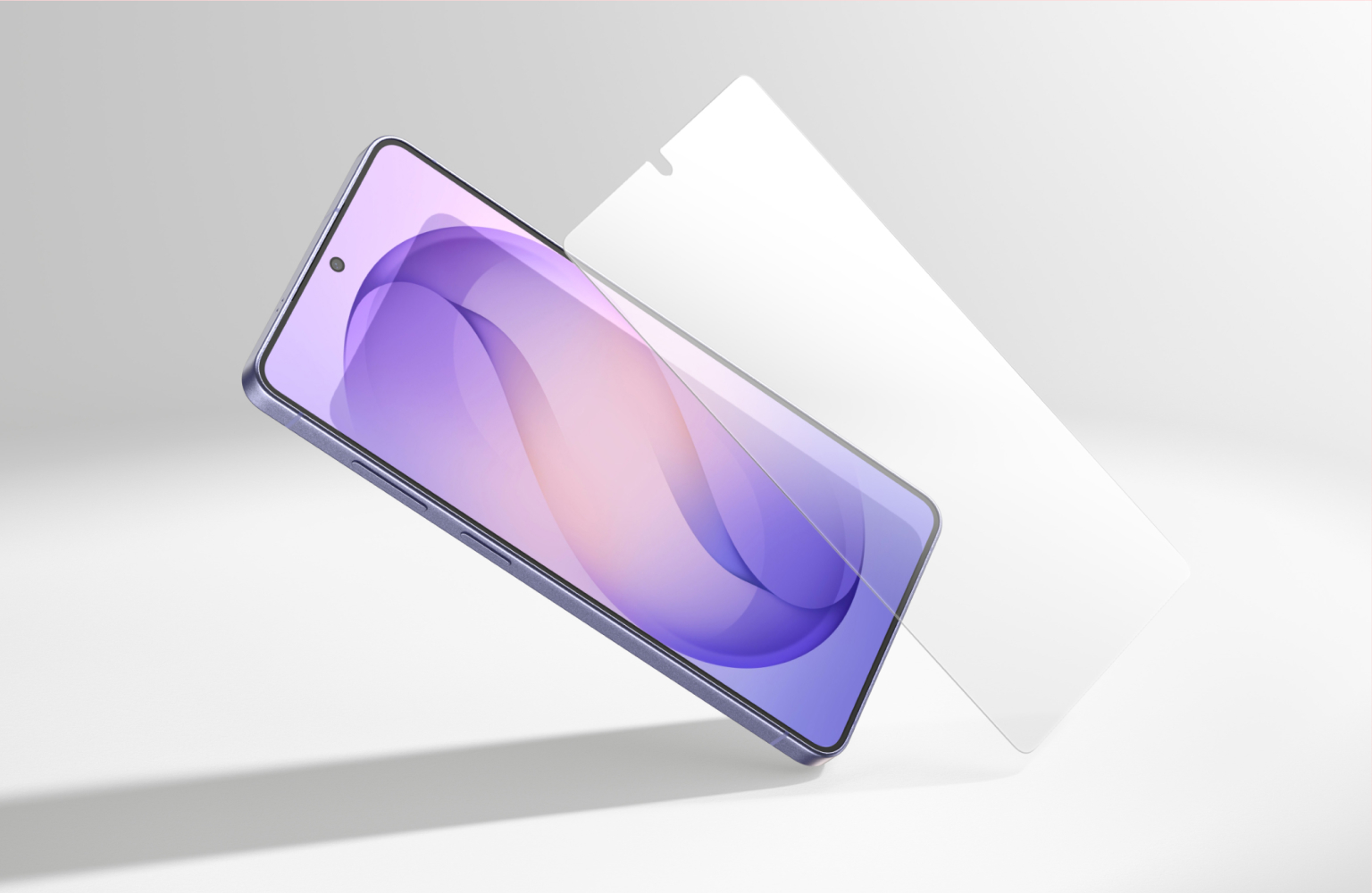 Een schuin afgebeelde smartphone met boven het scherm een zwevende transparante screenprotector waarmee nauwkeurige uitlijning en volledige bescherming van het scherm ge&iuml;llustreerd worden.