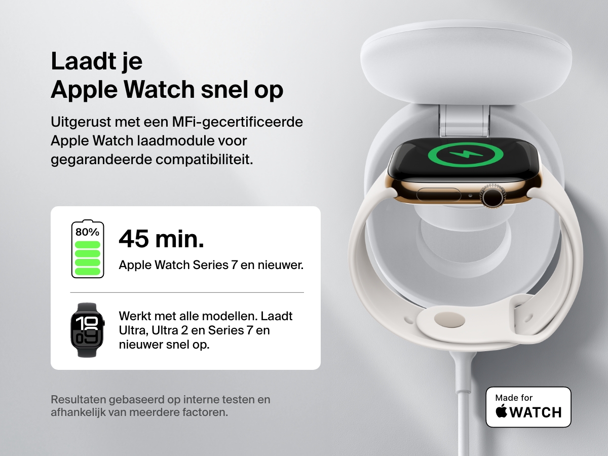 Afbeelding van een Belkin BoostCharge 3-in-1 compacte magnetische laadstandaard die een Apple Watch snel oplaadt en waarmee de MFi-gecertificeerde module, compatibiliteit met alle modellen en opladen van 0-80% in 45 minuten voor Series 7 en nieuwer wordt benadrukt.