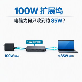 扩展坞标 100W，为什么电脑实际只收到 85W 左右？