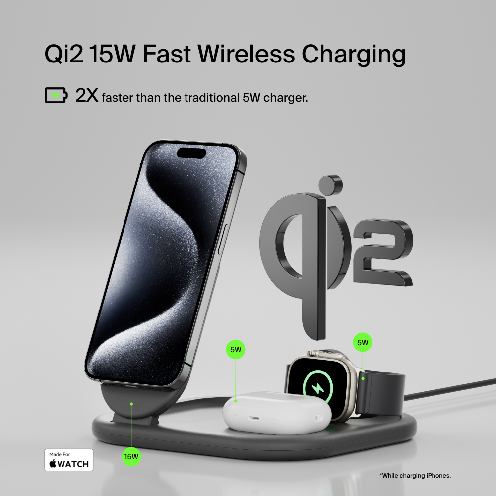 3 in 1 Magnetic Foldable Wireless Charger with Qi2 MagSafe compatible Belkin US