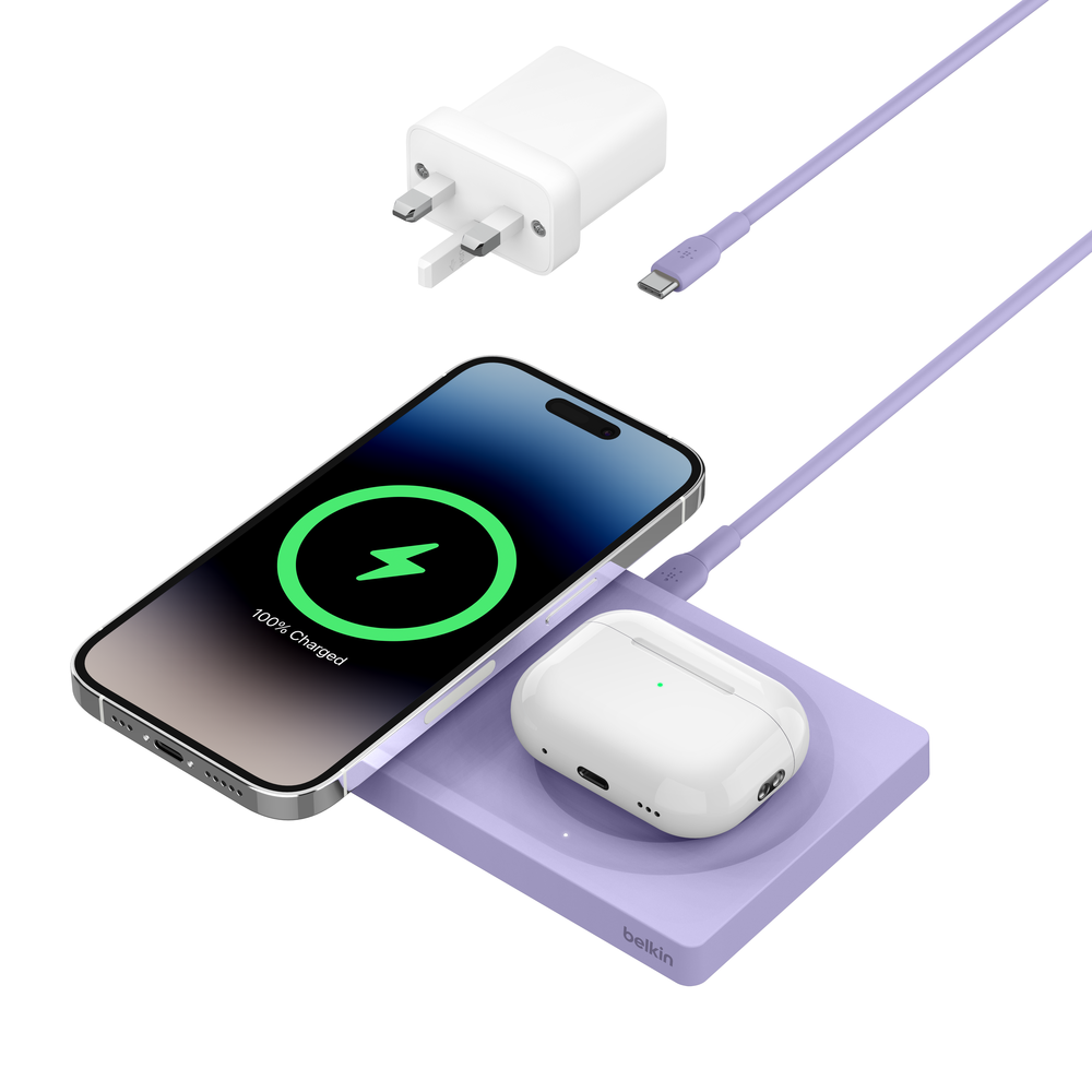 Belkin BoostCharge Pro 2-in-1 Wireless Charging Pad with Official MagSafe Charging 15W | Lavender