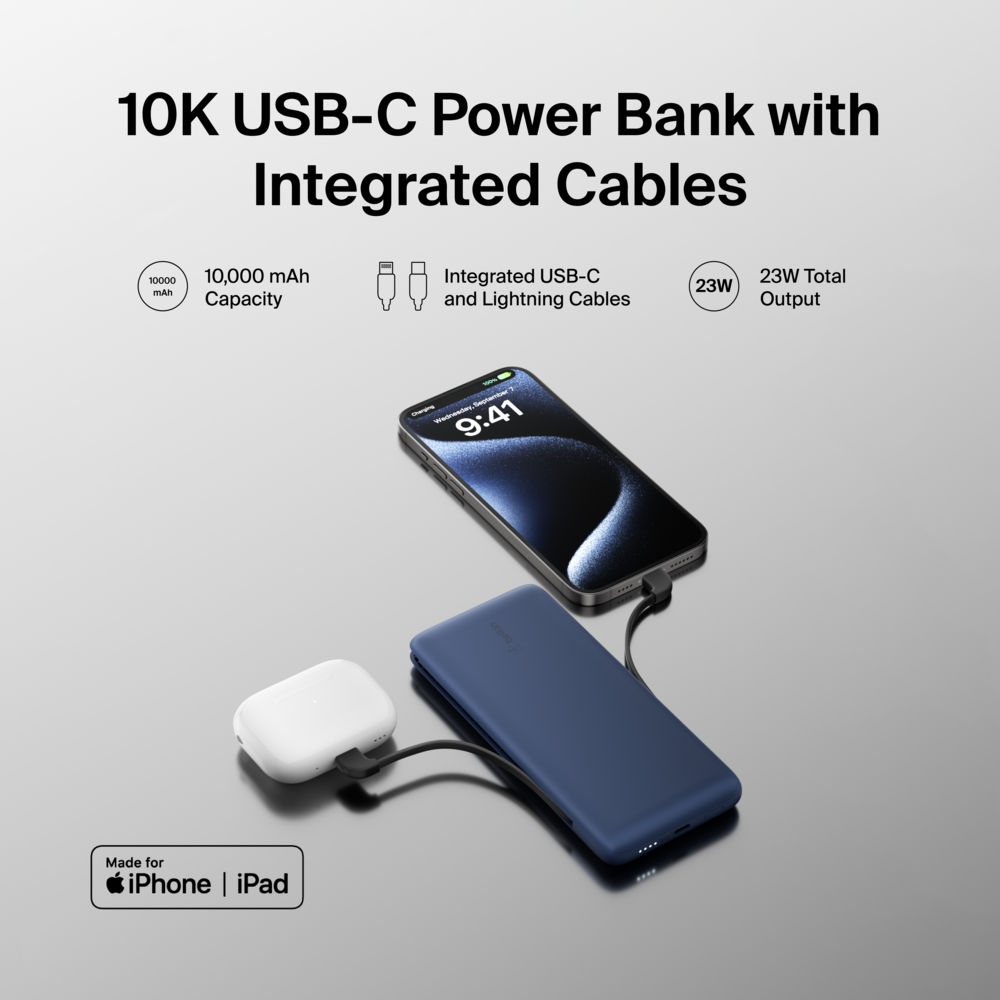 Usbc Inline Power Boost 10K USB-C PD Power Bank with Integrated Cables | Belkin US