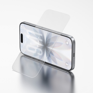 A smartphone lying on a reflective surface with a transparent screen protector partially placed over the display, showcasing its precise fit and clear finish.
