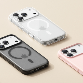 Three iPhones displayed with protective cases in different styles and colors: a clear MagSafe case, a black grip MagSafe case, and a soft pink case, all shown on a beige background.